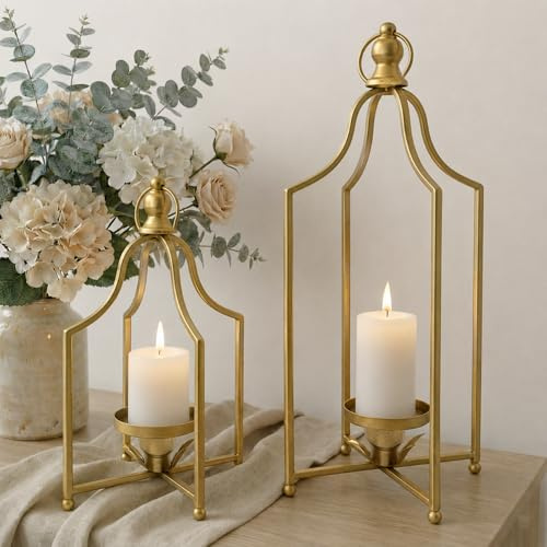 12.5 & 16.5 Timeless Cozy Decorative Lanterns Set of 2, Handcrafted Metal Iron Candle Holders, Farmhouse Elegance Fireplace Mantel Table Festive Gatherings Decor (Antique Gold)