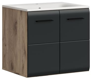 xonox.home – Waschtisch Ice 60x55x46 cm inkl. Waschbecken in Korpus Nox Oak Nachbildung und Front schwarz matt – Waschplatz für Badezimmer in Holzoptik – modern & kompakt