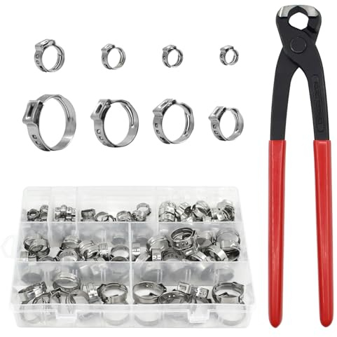 LE-stone 130Pcs 8 Sizes Single Ear Clamps 304 Stainless Steel Crimp Hose Clamp Assortment Kit with Pincer for Wire Securing Pipe Automotive 5.8-23.5mm