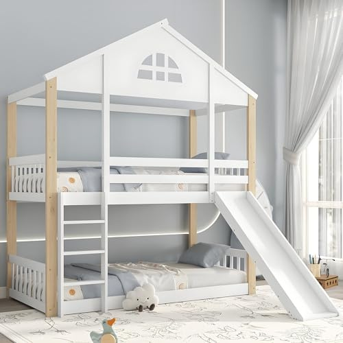 Etagenbett Kinderbett 90x200 und 140x200, Hochbett mit Rutsche und Stufen, Mehrere Regale, Bettgestell mit Lattenrost(ohne Matratze), Weiß
