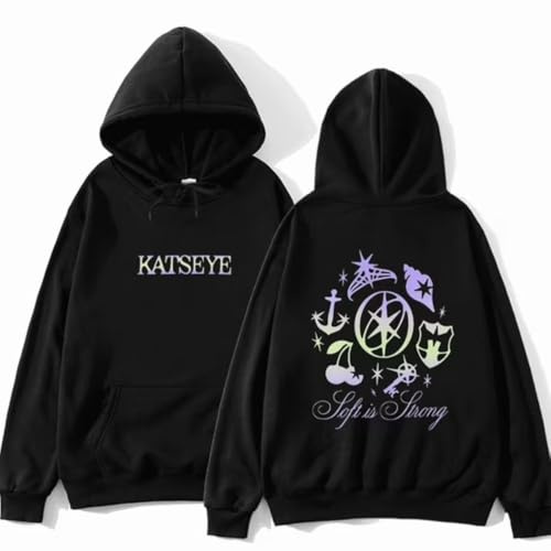 Katseye Merch huvtröja nödställd ny logotyp pullover huvtröja – unisex – höst vinter tröja, Svart, XS