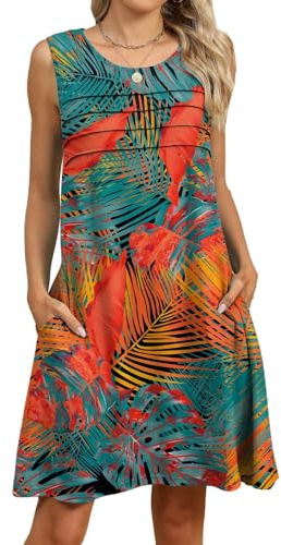 PICKLION Women's Summer Boho Dress Ladies Floral Sleeveless Tank Beach Midi Dresses with Pockets