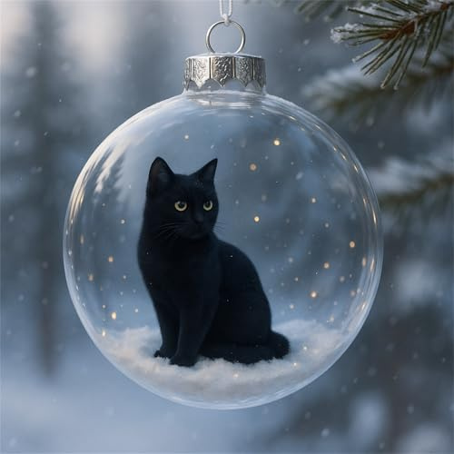 Niedliche Katzen-Weihnachtskugel aus Glas, lebensechte 3D-Tierdekoration für Katzenliebhaber, Tischdekoration für Partys, Kaminsimsdekoration, Herbst-Winter-Dekoration (Schwarze Katze)