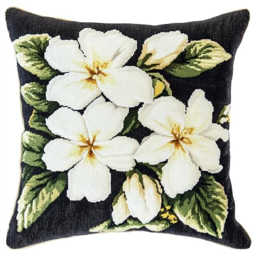 Kissenbezug Zum Besticken Kreuzstich, Weiße Blüten Stickkissen mit Muster 45X45cm Stickpackung Stickset Kreuzstich Kissen zum Basteln Stickkissen Stickpackung