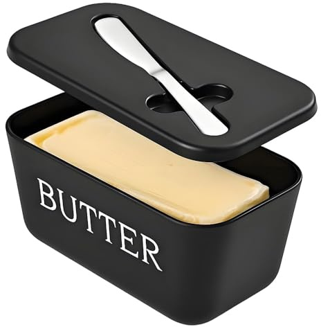 Mantequera plástico negra con tapa y cuchillo – mantequillera de alimentario resistente, butter dish with cocina encimera y frigorífico, contenedor de mantequilla hermético, butter storage container