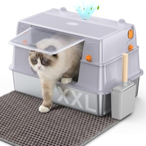 PKBD XXL Fully Enclosed Stainless Steel Cat Litter Tray, Light Grey | Cat Litter Tray with Detachable Enclosure, Includes XXL Mat, Metal Scoop and Filter Pedal for Most Cats and Litter Saving