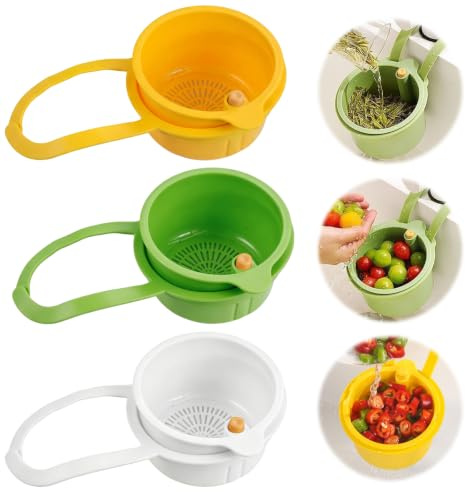 Lot de 3 Assoire à Bouton Pression, Panier d'Égouttement Suspendu Multifonction Filtre Anti-Bouchage Passoire Amovible de Cuisine, Organisateur d'Évier Facile à Nettoyer pour Déchets Alimentaires