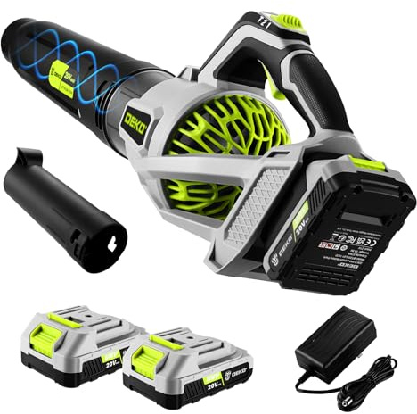 DEKOPRO Soplador de Hojas Inalámbrico de 20V, con 2 Baterías de 2,0 Ah y Cargador, 3 Velocidades, 18.000 RPM, Soplador de Hojas para Jardines, Portales, Limpieza de Hojas Caídas y Nieve