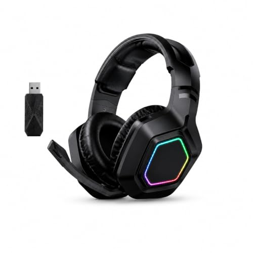 Ajoxx Wireless Gaming Headsets with Noise Cancelling Mic, 60H Playtime, 50mm Drivers, RGB Lighting, Bluetooth 5.3 Over-Ear Headphones for PC, PS4, PS5, Switch, Steam Deck & Mobile - Black