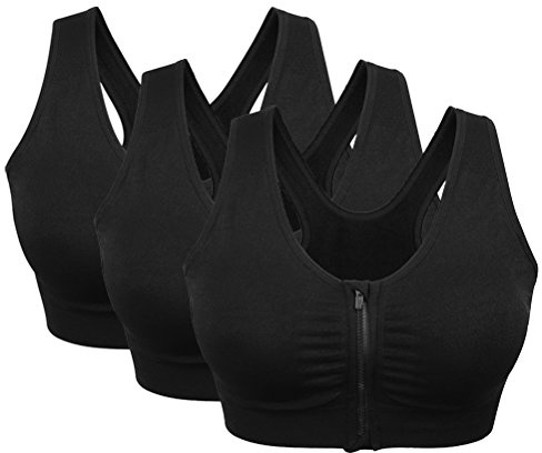 3 Pack Women's Sports Bra Zip Front Non Wired Comfy Post Surgery Bra with Removable Pads (Black*3, XL:Fit 34D,36B,36C,36D,38A,38B,38C)