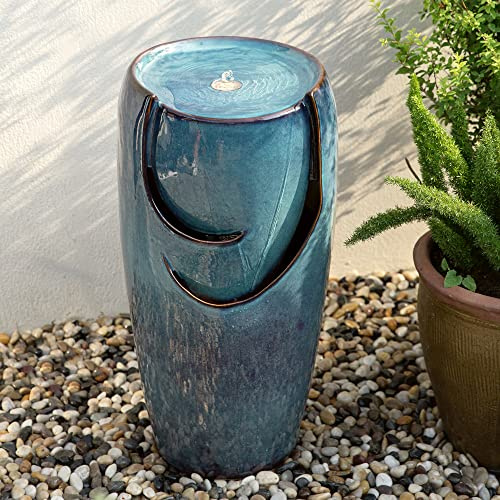 Glitzhome 29.25 H Oversized Ceramic Vase Outdoor Water Fountain Tall Patio Garden Water Fountain with LED Light and Submersible Pump Yard Art Decor, Turquoise