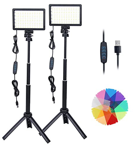 2-Pack LED Luce Video, Luce LED Fotografia USB Dimmerabile 10000K con Treppiede Regolabile, 9 Filtri colorati, per Riprese da Tavolo Angolo Basso, Luce Streaming, Registrazione Video, YouTube, TikTok