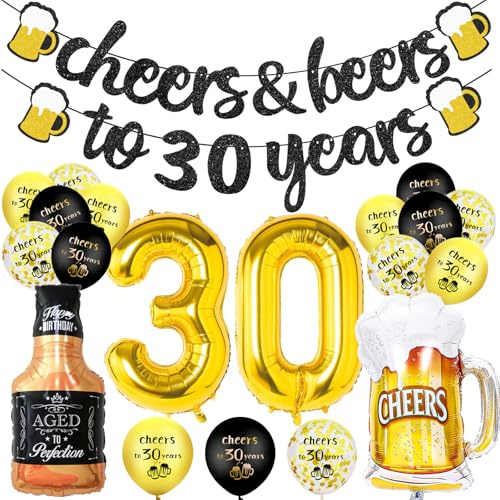 30th Birthday Decorations, 30th Birthday Decorations for Him, Cheers and Beers Party Supplies for Men with Black Glitter Banner, Gold Number Balloons, Beer Mug and Bottle Foil Balloons