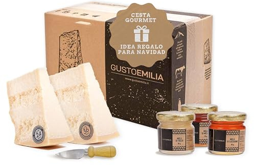 GUSTOEMILIA Cesto Gourmet con Parmigiano Reggiano Stagionato e Miele di Castagno, Tiglio e Melata – Perfetto come Regalo di Eccellenza Italiana per Ogni Occasione