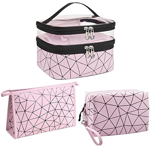 LEcylankEr Kosmetiktasche Damen Set 3 Stück Make Up Tasche Transparent Schminktasche Damen Doppellagige Kosmetiktasche Groß für Reise (Rosa)