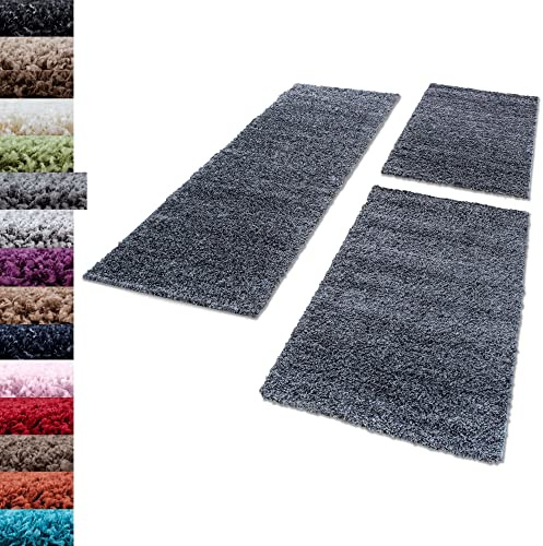 Carpettex Bettumrandung Schlafzimmer 3teilig Shaggy Teppich Hochflor Einfarbig Grau Bettset:2 mal 60x110 + 1 mal 80x250 - Bettvorleger Schlafzimmer Läuferset Weicher Flauschig Bettumrandung Teppich