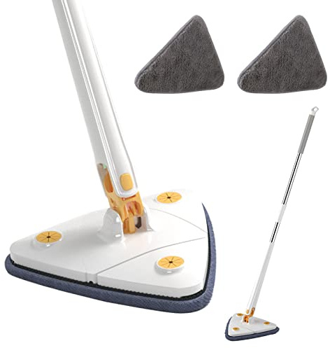 Vadrouille de Nettoyage Télescopique, Balai Serpillere Rotatif à 360° Triangle, Balai Lave Sol Pressage d'eau Automatique avec 2 Chiffons de Rechange, Nettoyage Facile des Espaces Verre, Plafond