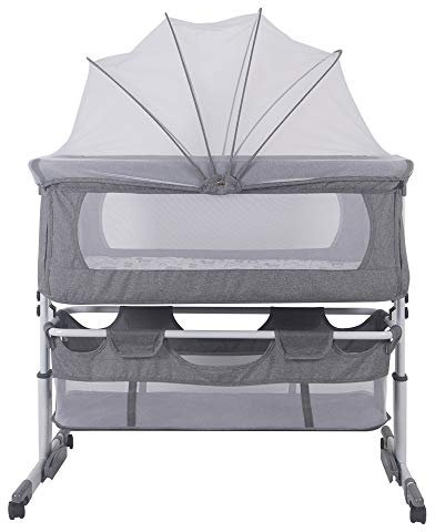 Babybett für Neugeborene, Babybett mit Moskitonetz, verstellbar, Babybett Next2Me mit dünner Matratze, einfach zu montieren (92 x 58 x 70 – 90 cm, Grau Weiß)