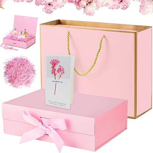 GZLFH Scatola Regalo con Fiocco, Confezione Regalo Pieghevole con Chiusura Magnetica con Nastro di Seta Biglietto di Auguri,Carta Velina Tagliuzzata e Sacchetto Regalo Rosa