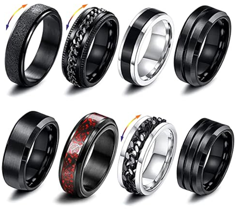 GoPaw Men's Stainless Steel Spinner Ring Set - 8 Pcs Black Twisted Chain Rings for Men Women - Cool Anxiety Rings R1/2