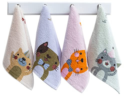Kissvian Paquete de 4 Toallas de Mano con patrón de Gato Lindo, Toallas de baño de algodón Puro para niños Animales, Toallas de baño con Punta de Dedo para el hogar, paños para niños