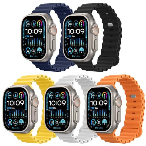 Astorgos 5Pack Ocean Armband Kompatibel mit Apple Watch Ultra 2 49mm 45mm 44mm 42mm, Weiches Silikon Ersatzarmband für iWatch Ultra SE Series 9 8 7 6 5 4 3 2 1 für Damen Herren, Mehrfarbig A