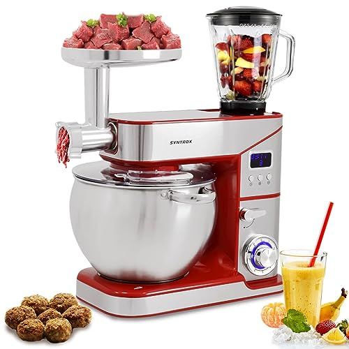 Syntrox Küchenmaschine Rot Edelstahl 10 Liter Küchengerät & Fleischwolf, Leistungsstarke Rührmaschine, 2000W, Multifunktionale Küchenmaschine, Edelstahlschüssel
