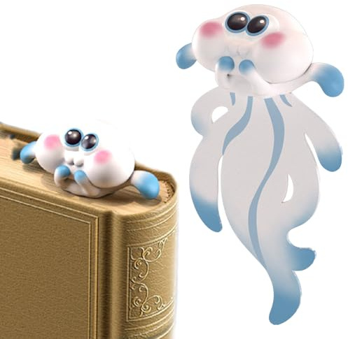 WOOXDYUK Lesezeichen für Kinder, Jellyfish Bookmark, Lustige 3D Cartoon Tiere, Lustiges Geschenk auch, Kleine Lesezeichen Geschenke für Buchliebhaber(Blau und Weiß)