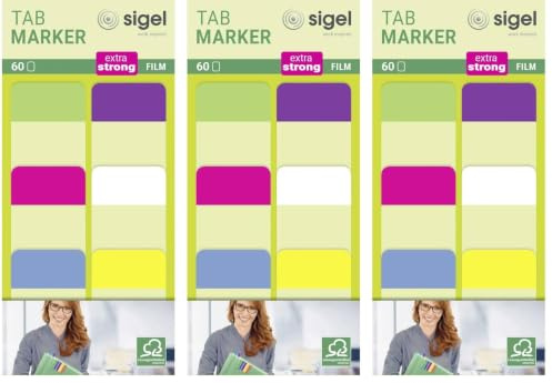 SIGEL HN203 Tab Marker, extra starke Haftmarker, 25 x 38 mm, 60 Streifen (Packung mit 3)