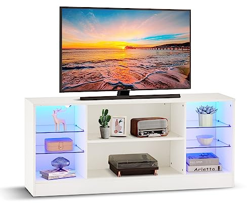 CLIPOP Lowboard Hochglanz weiß, LED, Glasablage, 130×34×57 cm | TV-Schrank mit Glasregal, für Wohnzimmer, modernes Design, viel Stauraum, elegante Optik, stabil