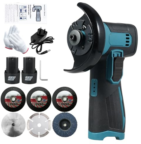 Vislone Mini Angle Grinder, 12V Cordless, 3 Grinding Disc, 1100g with 2x1.3Ah Batteries, 6 Cutting Discs, 19500RPM for Grinding, Cutting and Sanding