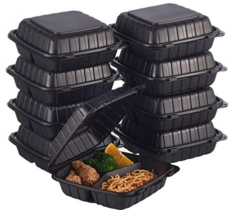 Jaluxing 8X8 3-Compartment 50-Pack Plastic Clamshell Takeout Food Trays Heavy Duty Togo Disposable Box Carryout Meal Prep Packaging Catering Hinged Containers With Secure Snap Lid (Formerly FULING)