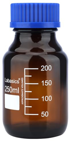 Labasics Reagenz Medien Vorratsflaschen, 1 Pack Bernsteinfarbene Glas Graduierte Runde Flaschen für Labor Reagenz Medienlagerung mit Blauer Schraubkappe, 250 ml