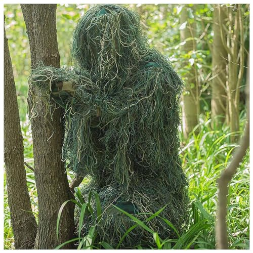 HAZARA 5 in 1 Ghillie Suit Ropa De Caza De Camuflaje 3D Disfraz De Arbusto Incluyendo Chaqueta,Pantalones,Capucha,Bolsa De Transporte para Fotografía De Caza Al Aire Libre,Forestgreen-Kids