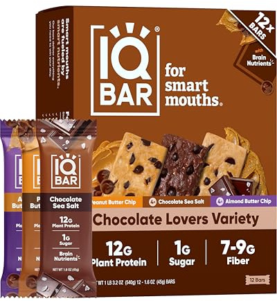 IQBAR Brain and Body Clean Plant Protein Bars - Chocolate Lovers Variety - 12 Bars - Keto, Vegan, High Fiber, Gluten and Dairy Free, Low Sugar Snack with Nutrients for Focus, Energy, Meal Replacement