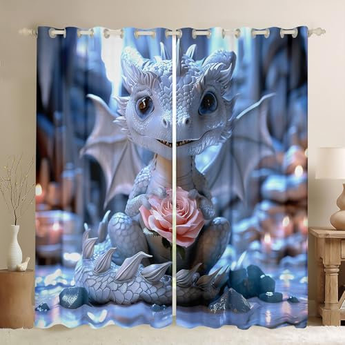 Homewish Blue Cute Dragon Curtains for Toddler Kids Wild Animal Curtains & Drapes, Jungle Wildlife Blackout Curtains Pink Rose Floral Black Out Curtains, Ancient Creature Window Treatments