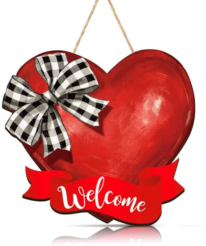 Feuvois Valentinstag Holzherz Willkommensschild Valentinstag Türschild Holz 20.32 cm x 35 cm