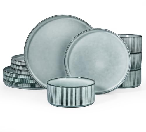 Richmount Star 12-teiliges teller set, Geschirrset 4 personen, Steingut Geschirr Set, Anti-Kratzer Tafelservice, Mikrowellen & Spülmaschinenfest, Rauchblau