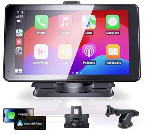 7JI Écran Portable sans Fil CarPlay, Écran Tactile HD de 7 Pouces pour Voiture avec Apple CarPlay et Android Auto, avec Mirror Link/Caméra de Recul/Siri/Bluetooth