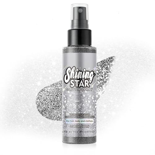 CXNXFD Glitzer Spray Silber,Shining Star Glitzerspray, Ultrafeiner Silberglitzer, 100 ml, Glitzerspray geeignet für Haare, Körper, Kleidung, Bühnen-Make-up, Urlaubspartys