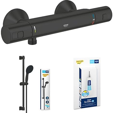 GROHE Precision, Duschset mit Duscharmatur, Brausestangenset und Kleber, wassersparend (Verbrühschutz bei 38°C, 2 Strahlarten, 60cm Duschstange, ohne Bohren), matt schwarz, 345942430, 279482431