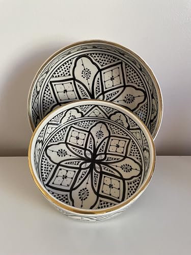 Générique Saladier Artisanal Marocain Noir et Blanc – Argile Blanche avec Liseré Or 12 Carats, 20 ou 25 cm, Hauteur 6 cm – Bol Fait Main Sans Plomb par Maîtres Potiers (20 cm)