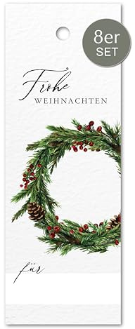 Geschenkanhänger Geschenke Weihnachten | 8 Stück stilvolle Weihnachtsanhänger mit Aquarellmotiv | Karten für Weihnachtsgeschenke DIY Adventskalender Flaschen (Weihnachtskranz)