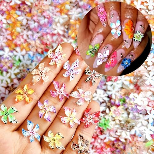 Yamobi Lot de 60 breloques colorées pour ongles en forme de fleur de lys, breloques florales 3D pour ongles, cristal de glace, en relief, dégradé de couleur, lys, fleurs, breloques, feuille de résine