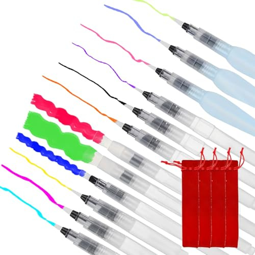 Watercolour Brush Pen Set, 12 Refillable Water Brush Pens with Assorted Tips for Painting, Calligraphy, Lettering and Art, Reusable with Storage Pouches