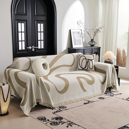 MYSKY HOME Sofabezug 3 Sitzer Chenille Sofa Überzug L Form Sofa Schutzdecke | Khaki Kurve,1er Set,180x300cm,Geometrische Modern Sofa Bezug,Boho Sofaschoner Waschbar,Jacquard Sofa Cover L Shape