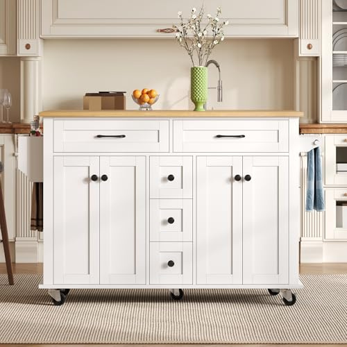 LARFOEK Kücheninsel auf Rollen, Küchenwagen mit Arbeitsplatte mit Klappbarer Tischplatte, Küchenschrank mit 4 Türen und 5 Schubladen, Servierwagen für Küche und Esszimmer, 120×65×89cm, Weiß