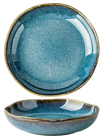 Lot de 1 Bols de Service - Grandes Assiettes Larges et Peu Profondes en céramique et Bols de Service empilables pour pâtes - Parfaits pour Une Pendaison de crémaillère, Bleu (Bleu, 21,6 cm)