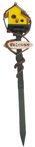 Birdhouses for Outdoors with Pole, 27.6 inch Tall Wood Bird House, Cottage Birdhouse Stand, Decorative Bird House Garden Stake for Lawn Yard Yellow