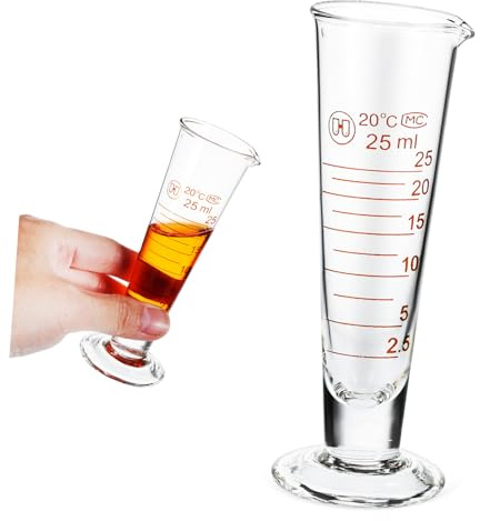 Vaso Medidor de Vidrio Pequeño 25ml Escala Precisa | Líneas Graduadas, Diseño Cónico, Apto para Laboratorio y Cocina, Vertido Sencillo y Lectura Clara